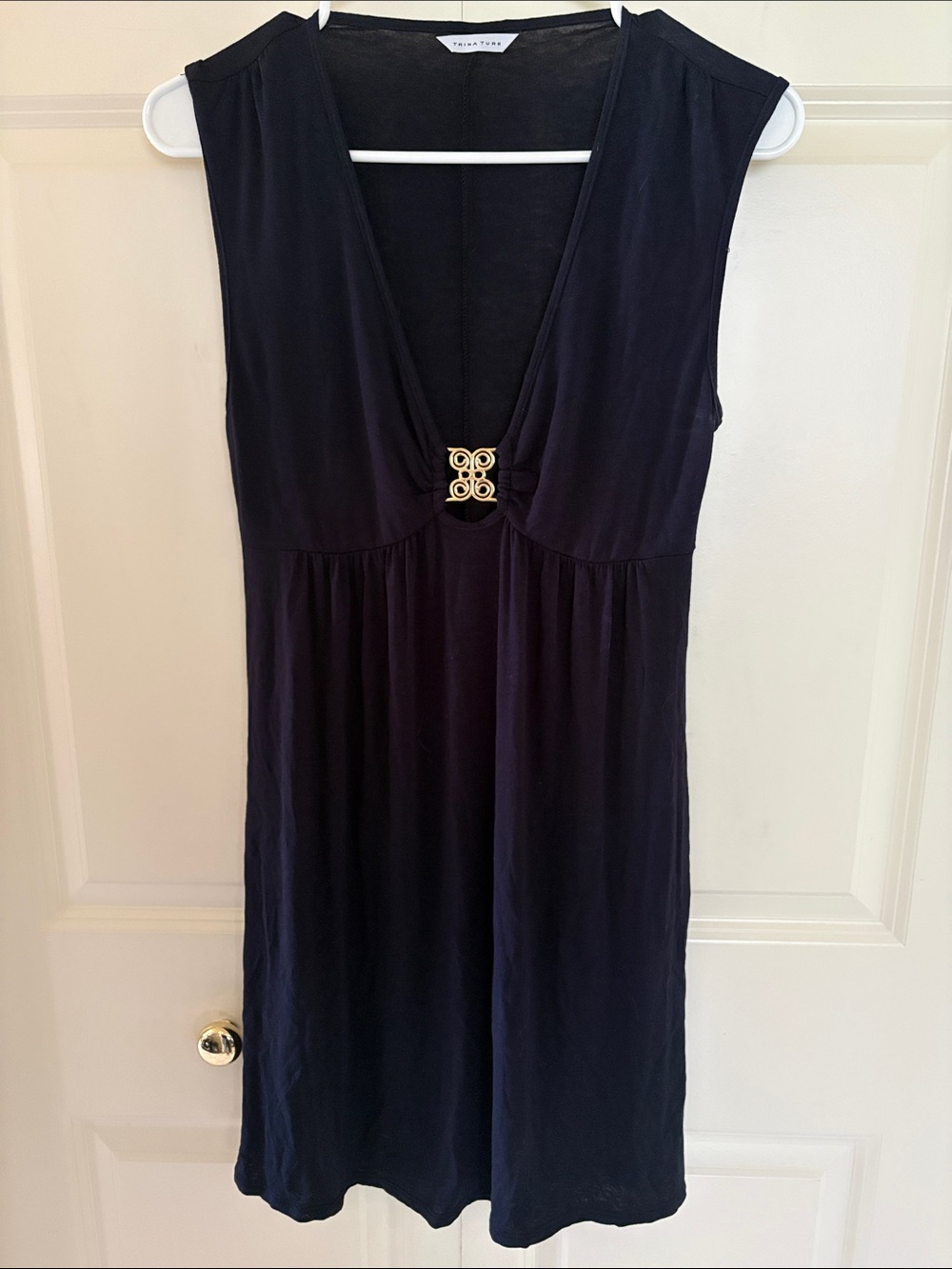 Trina Turk Deep  lack Sleeveless V-Neck Dress with Gold Detail